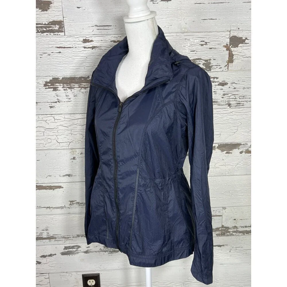 ATHLETA Lightweight Windbreaker Jacket Stowable Hood Navy XS EUC